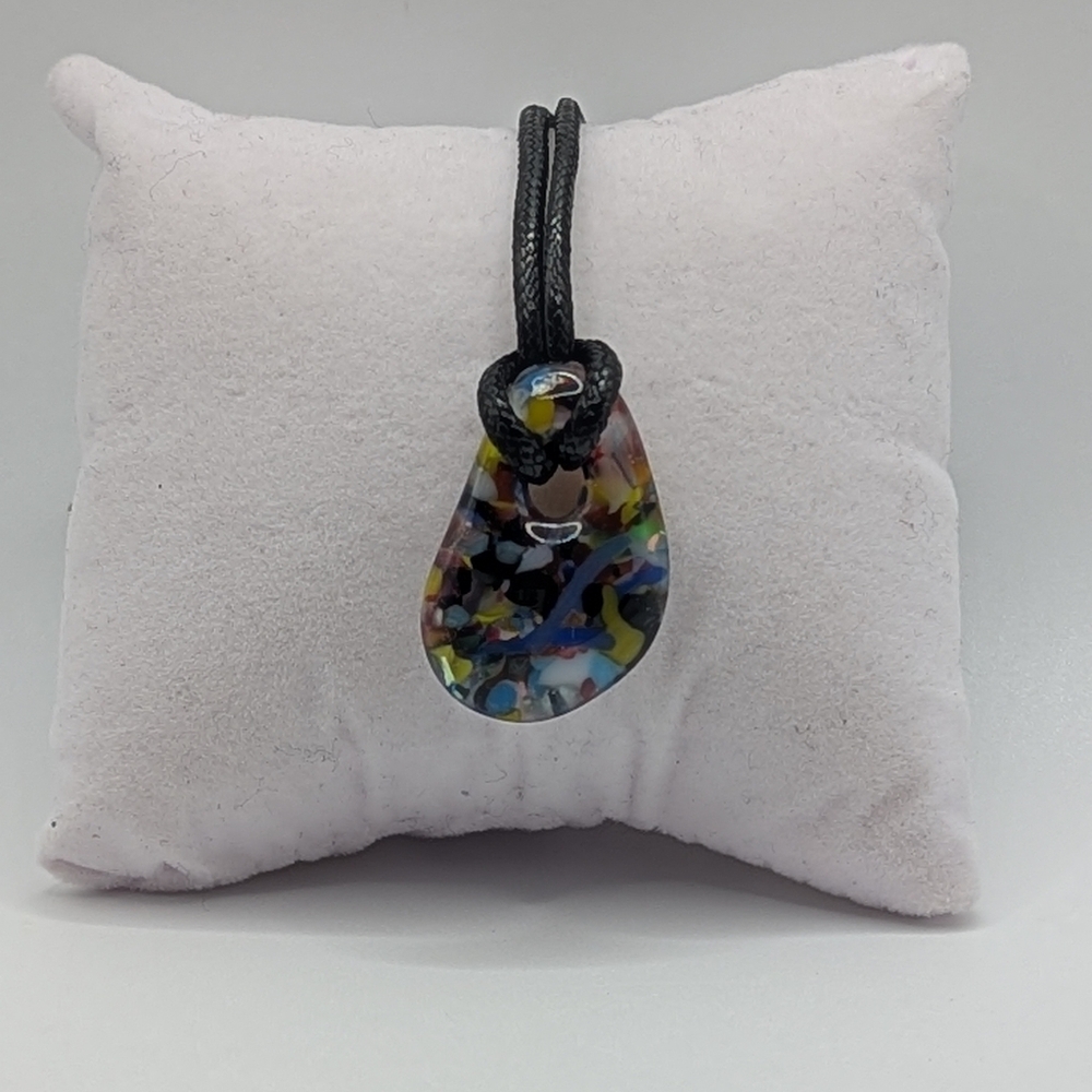 Multicolor Hand Crafted Glass Pendant Necklace On 20" Faux Leather Chord.